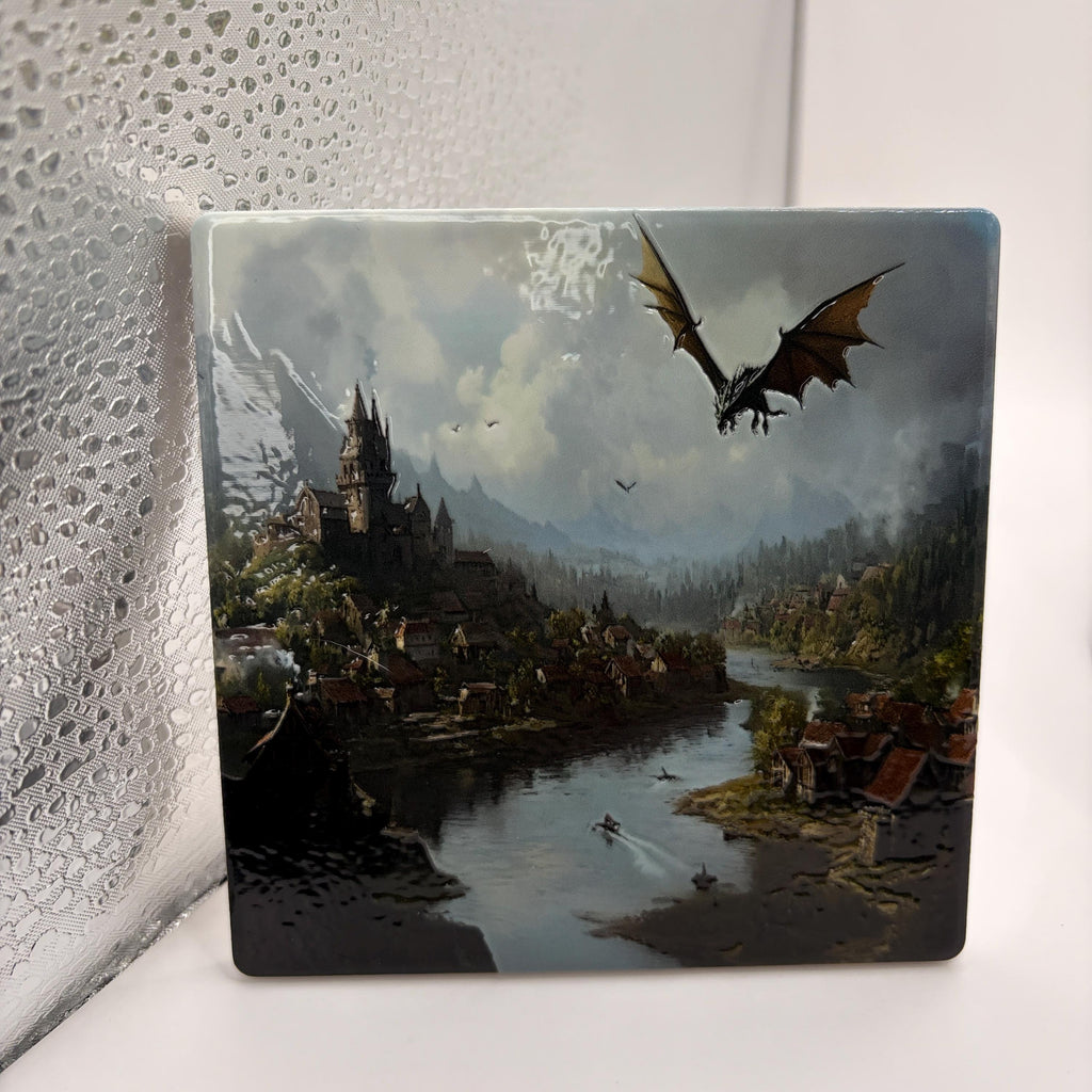 Dragon Medieval Castle Ceramic Art Tile, Raised Texture Coaster, Fantasy Decor