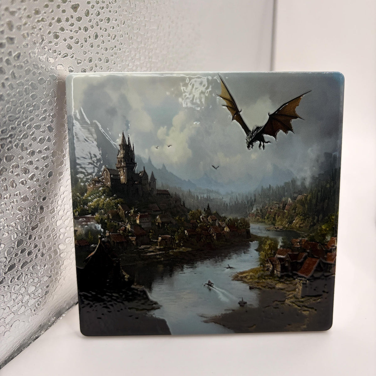 Dragon Medieval Castle Ceramic Art Tile, Raised Texture Coaster, Fantasy Decor