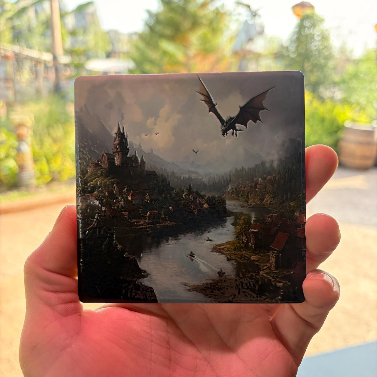 Dragon Medieval Castle Ceramic Art Tile, Raised Texture Coaster, Fantasy Decor