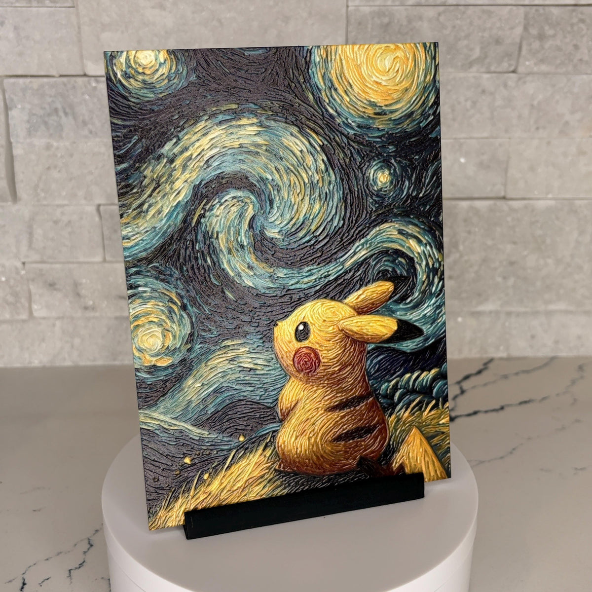 Pikachu Starry Night Textured Acrylic Art, Tactile Impressionist Anime Wall Decor