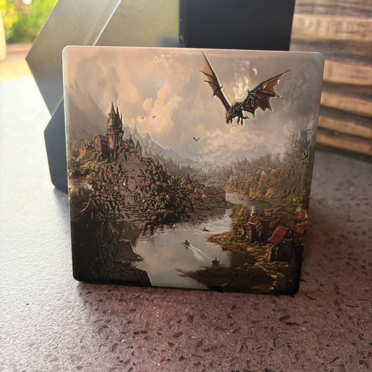 Dragon Medieval Castle Ceramic Art Tile, Raised Texture Coaster, Fantasy Decor