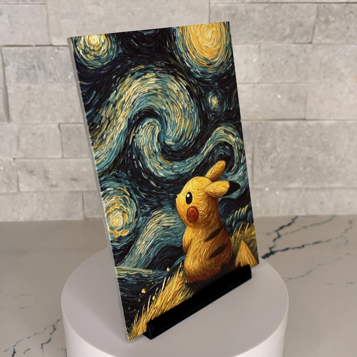 Pikachu Starry Night Textured Acrylic Art, Tactile Impressionist Anime Wall Decor