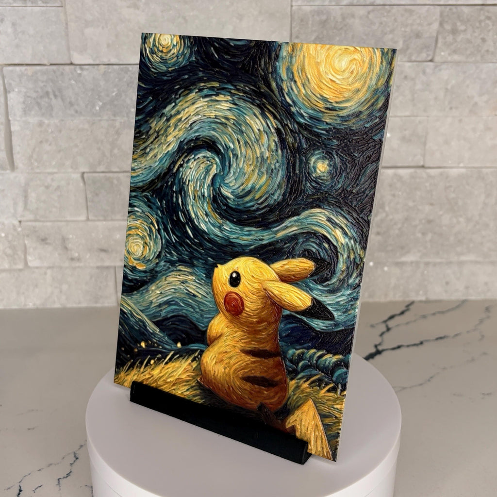 Pikachu Starry Night Textured Acrylic Art, Tactile Impressionist Anime Wall Decor