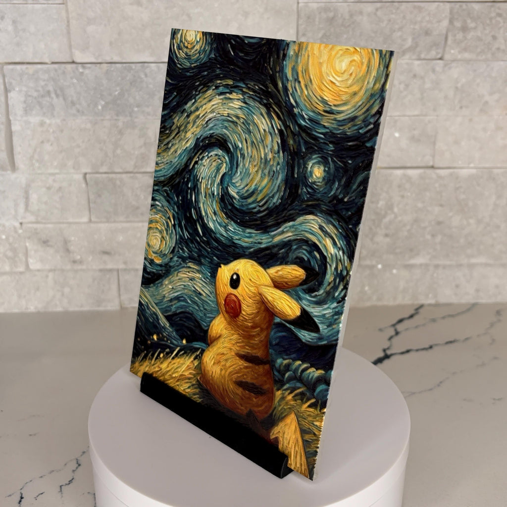 Pikachu Starry Night Textured Acrylic Art, Tactile Impressionist Anime Wall Decor