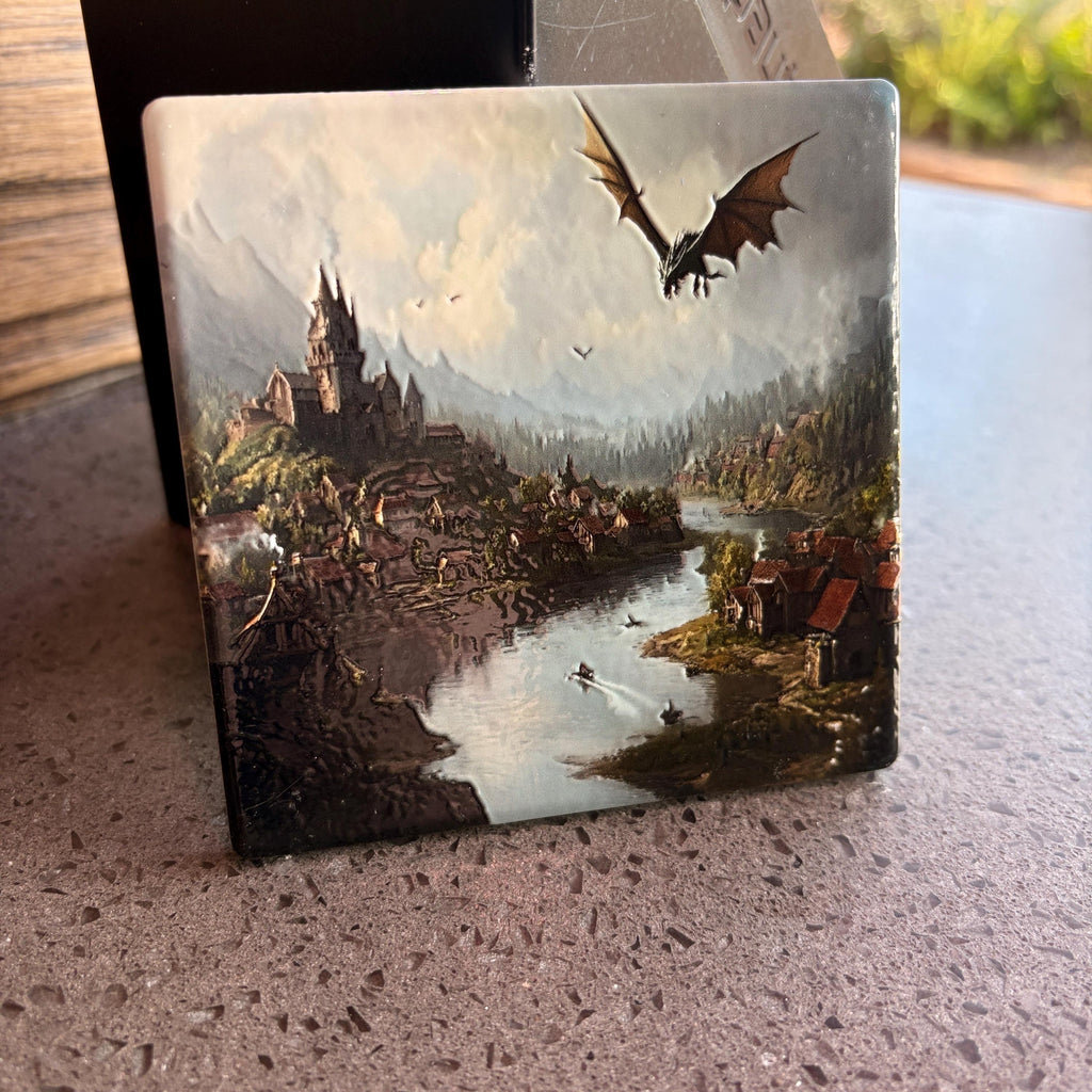 Dragon Medieval Castle Ceramic Art Tile, Raised Texture Coaster, Fantasy Decor