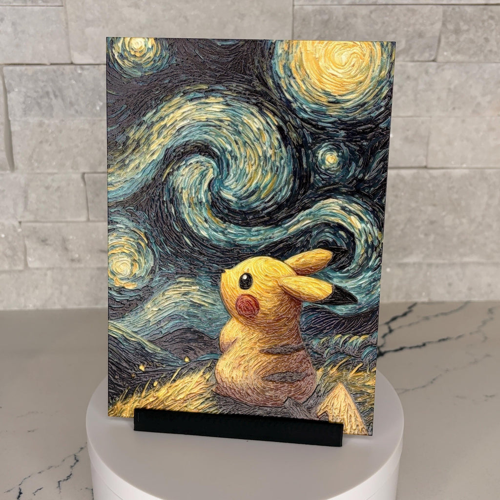 Pikachu Starry Night Textured Acrylic Art, Tactile Impressionist Anime Wall Decor